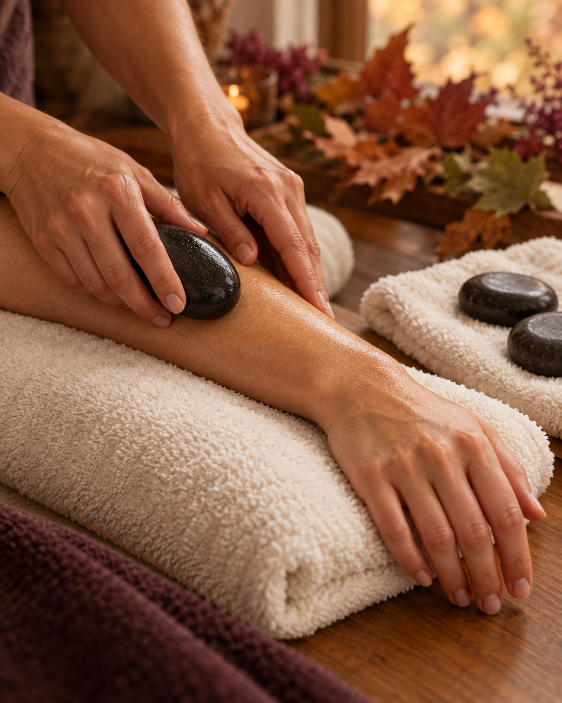 Warm stone pomegranate oil massage at Mindful Way Studio Mokena IL — Fall Spa Retreat