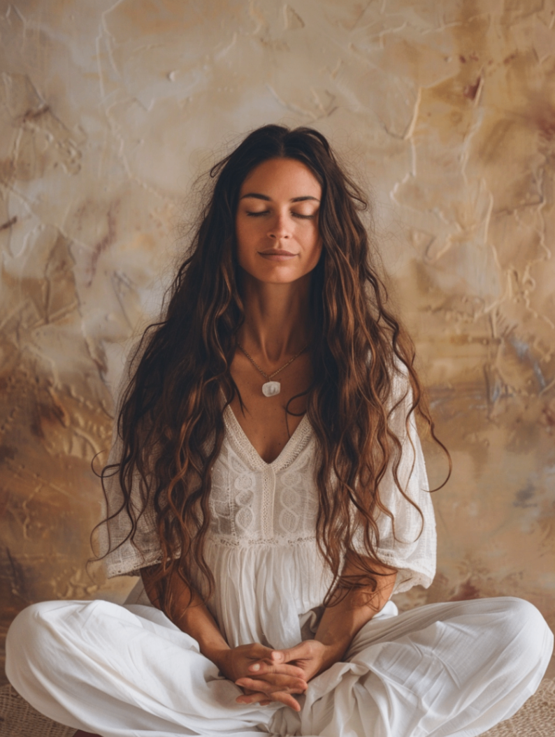 Woman in seated meditation with eyes closed, peaceful and serene