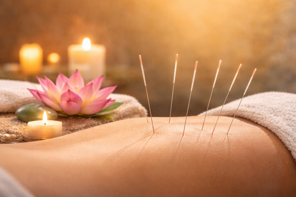 Acupuncture needles inserted in a person's back with a lotus flower and candle nearby.